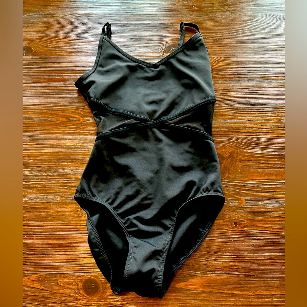 Black leotard, mesh cutouts on side